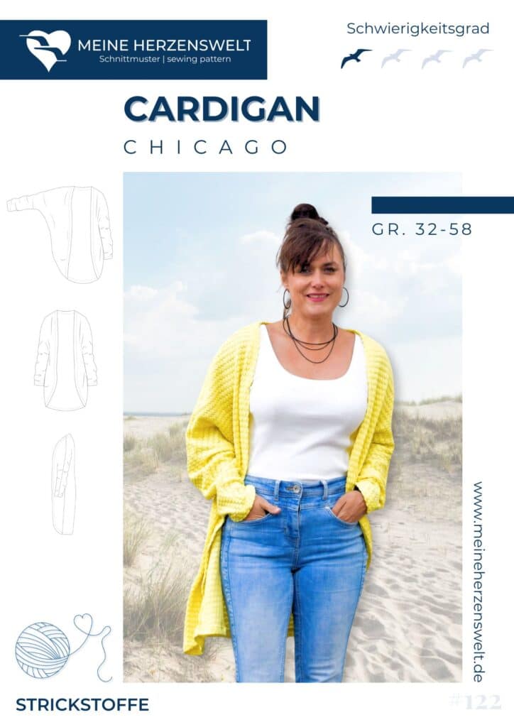 S122 Titelbild Chicago Cardigan Schnittmuster für Damen Strickjacke nähen Strickstoffe Meine Herzenswelt