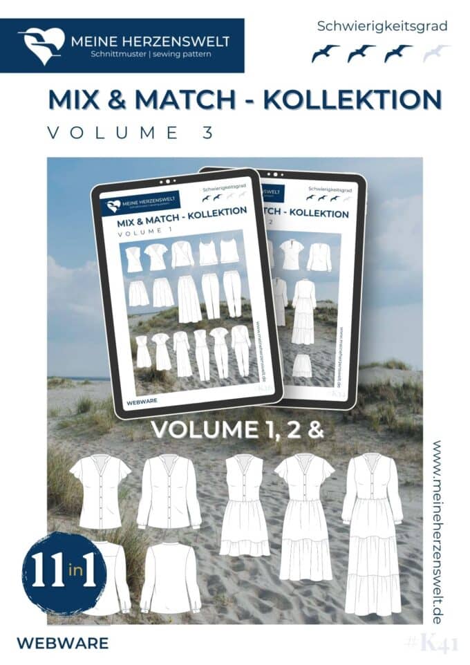 K41 Titelbild Mix and Match Kollektion Volume 3 Kleid, Hose, Bluse, Jumpsuit, Top für Damen nähen Schnittmuster Meine Herzenswelt