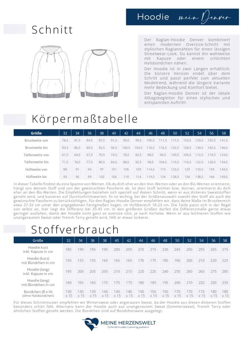 Stoffverbrauch Maßtabelle mein Denver Hoodie Damen meine Herzenswelt page