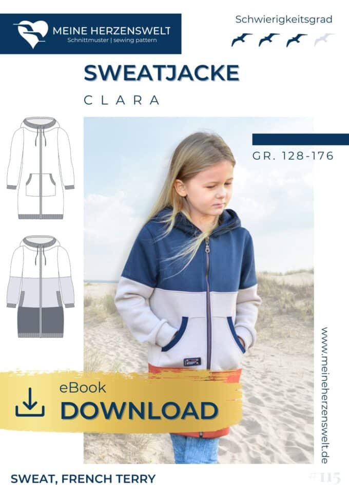 E115 Titelbild deine Clara lange Sweatjacke Kinder Schnittmuster Nähen Meine Herzenswelt