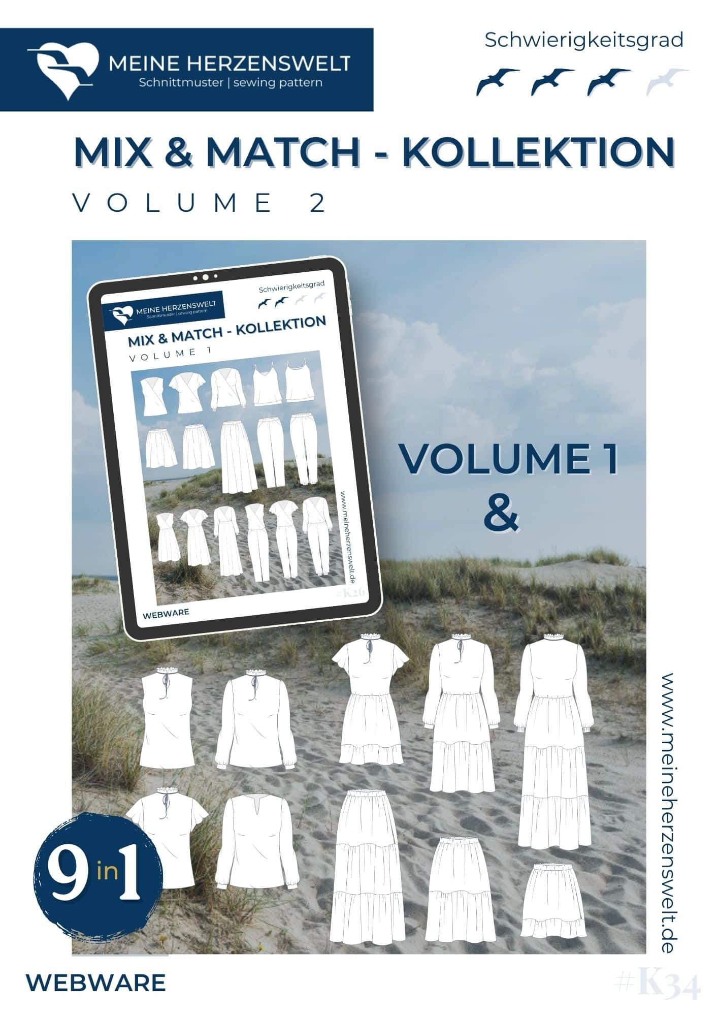 K34 Titelbild Mix and Match Kollektion Volume 2 Kleid, Hose, Bluse, Jumpsuit, Top für Damen nähen Schnittmuster Meine Herzenswelt
