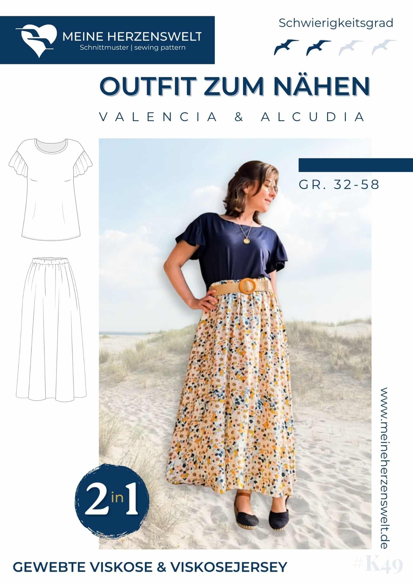 K049 Titelbild Outfit zum Nähen Kombi Schnittmuster Rock Valencia Shirt Alcudia Meine Herzenswelt