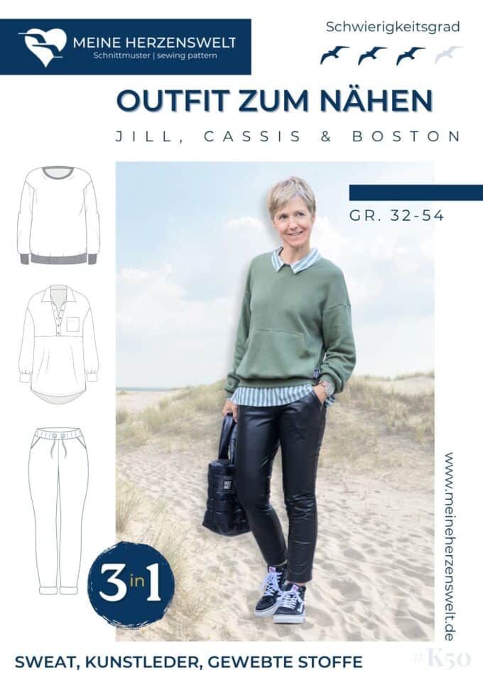K050 Titelbild Outfit zum Nähen Kombi Schnittmuster Hose Jill Pullover Boston Bluse Cassis - Ledderleggings nähen - Meine Herzenswelt