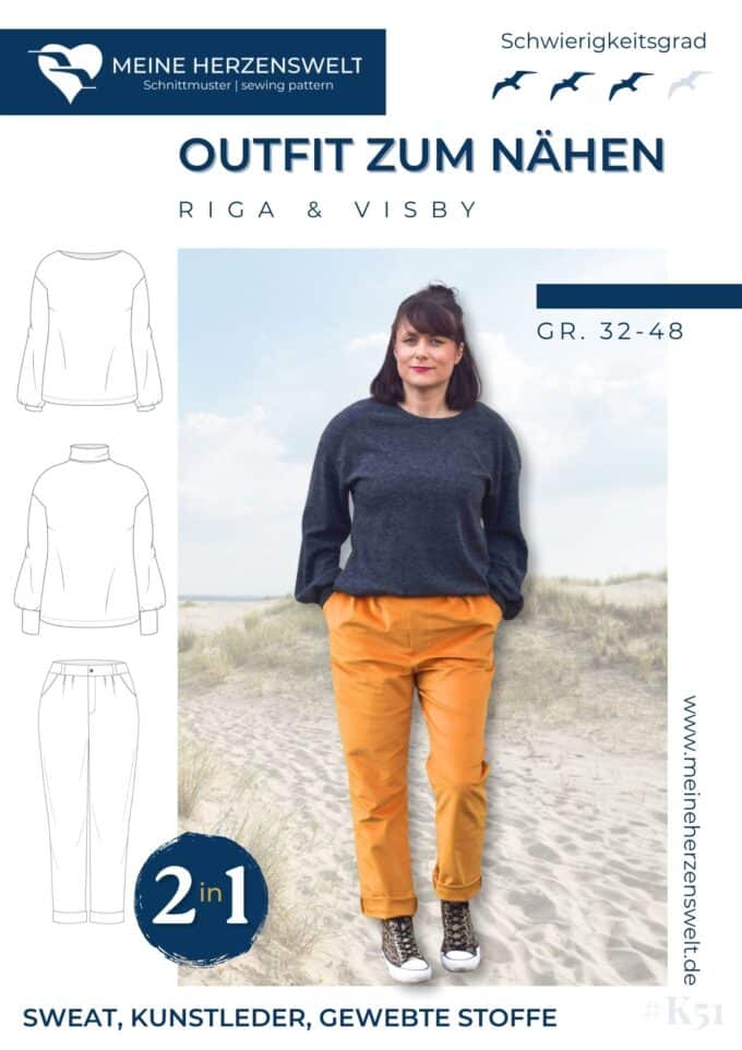K050 Titelbild Outfit zum Nähen Kombi Schnittmuster Hose Riga Strickpullover Visby Meine Herzenswelt
