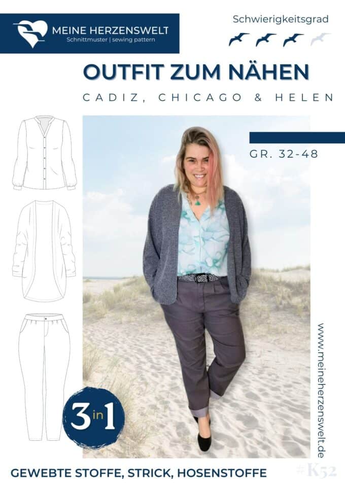 K052 Titelbild Outfit zum Nähen Kombi Schnittmuster Hose Helen Cardigan Chicago Bluse Cadiz Meine Herzenswelt