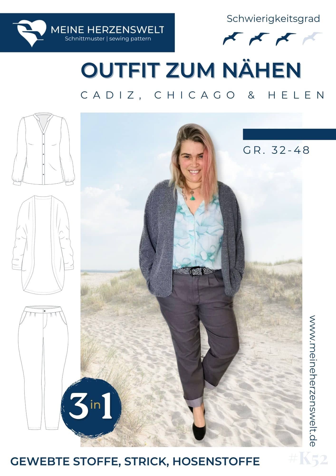 K052 Titelbild Outfit zum Nähen Kombi Schnittmuster Hose Helen Cardigan Chicago Bluse Cadiz Meine Herzenswelt