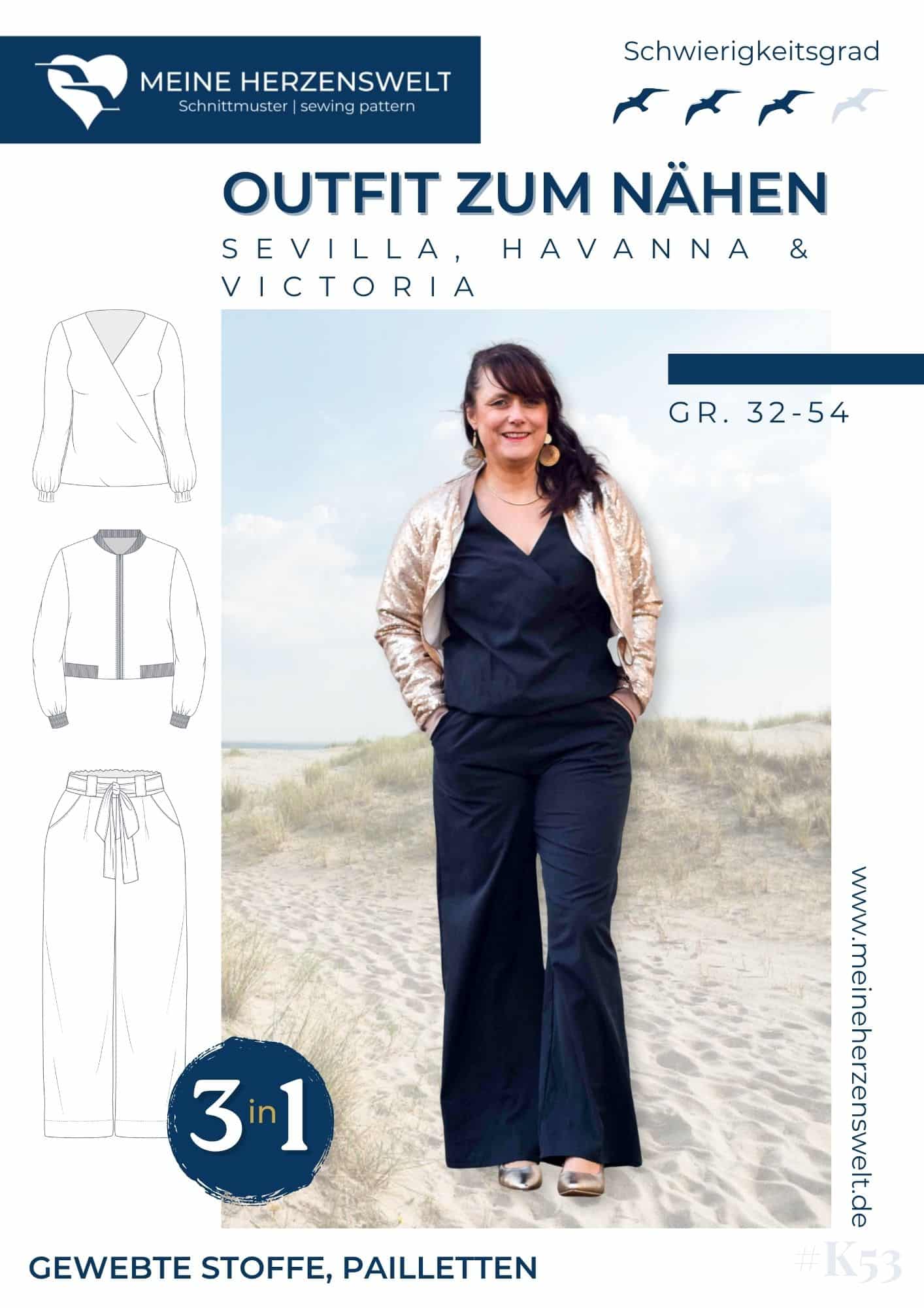 K053 Titelbild Outfit zum Nähen Kombi Schnittmuster Culotte Valetta Bluse Sevilla Blouson Havanna Schnittmuster Meine Herzenswelt