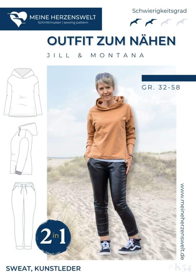 K054 Titelbild Outfit zum Nähen Kombi Schnittmuster Hose Jill Lederleggings Hoodie Montana Meine Herzenswelt