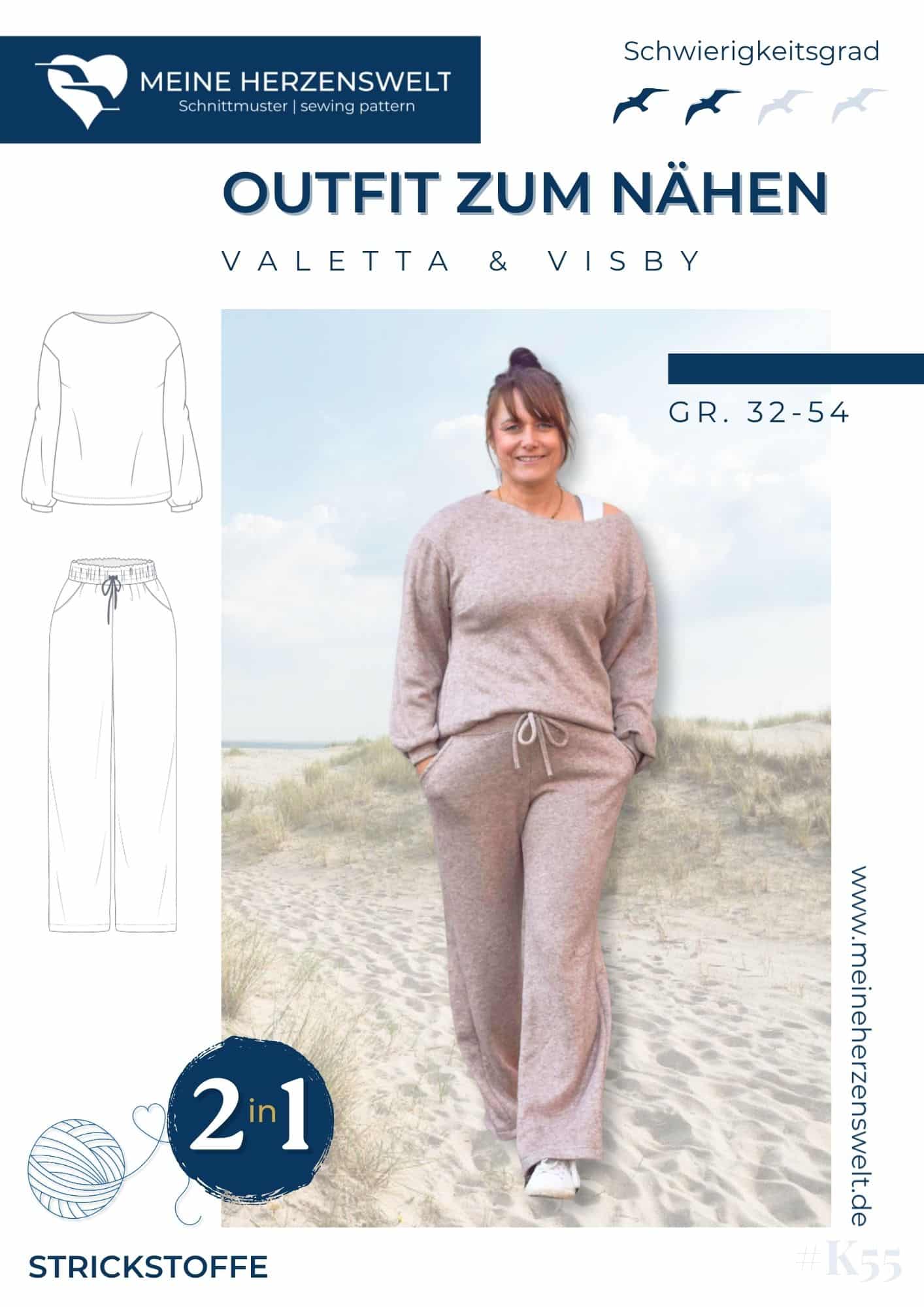 K055 Titelbild Outfit zum Nähen Strickoutfit nähen – Pullover & Hose als Schnittmuster für Damen – Valetta & Visby Meine Herzenswelt