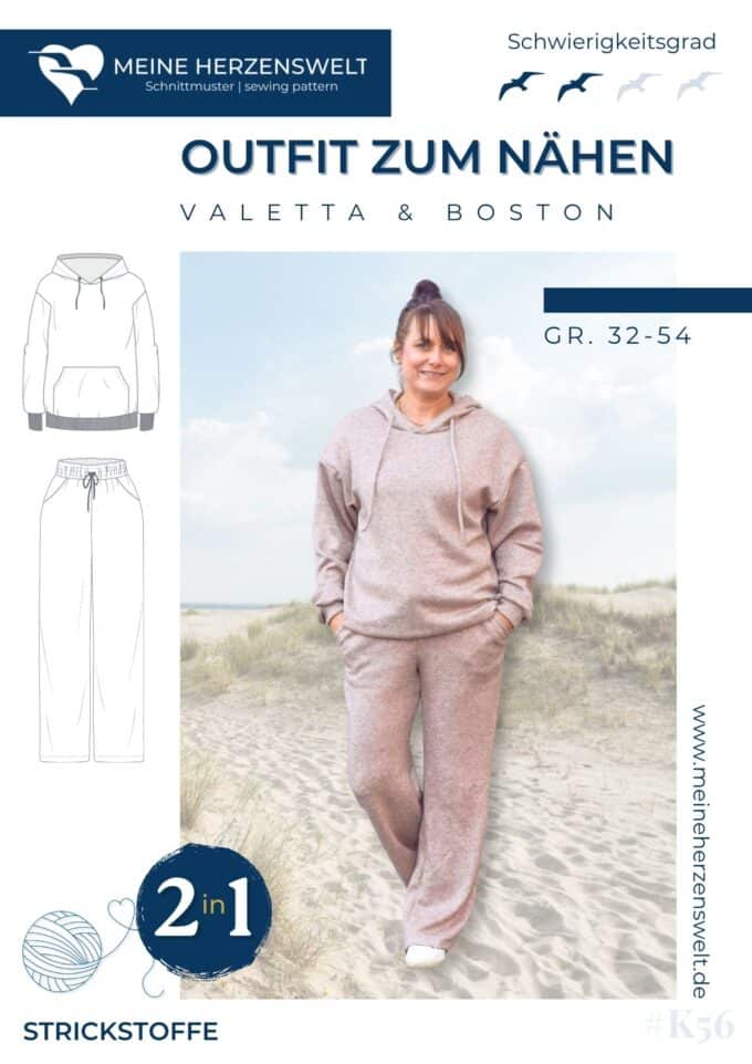 K056 Titelbild Outfit zum Nähen Strickoutfit nähen – Hoodie & Hose als Schnittmuster für Damen – Valetta & Boston Meine Herzenswelt