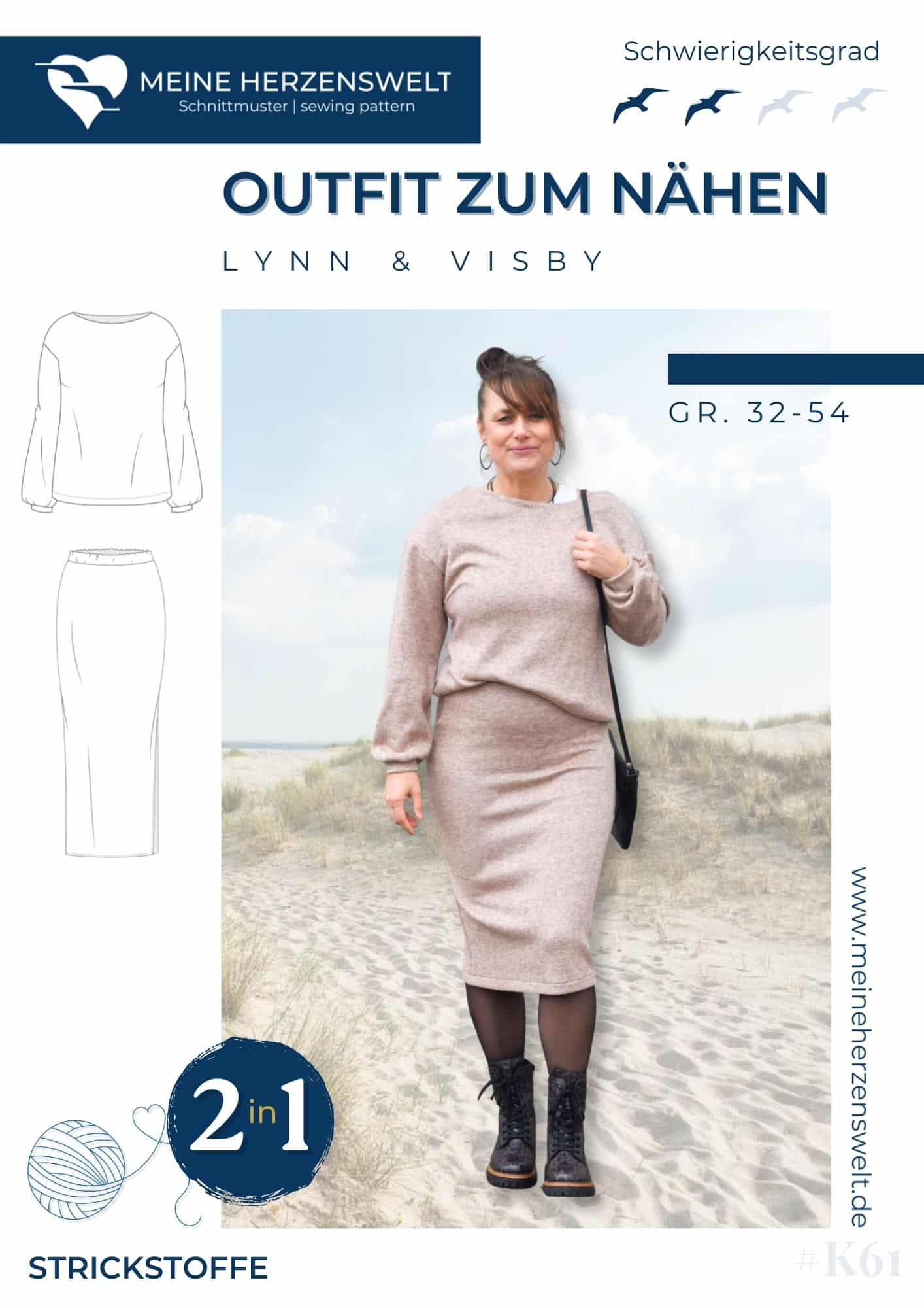K061 Titelbild Outfit zum Nähen Strickoutfit nähen – Pullover & Rock als Schnittmuster für Damen – Lynn & Visby Meine Herzenswelt