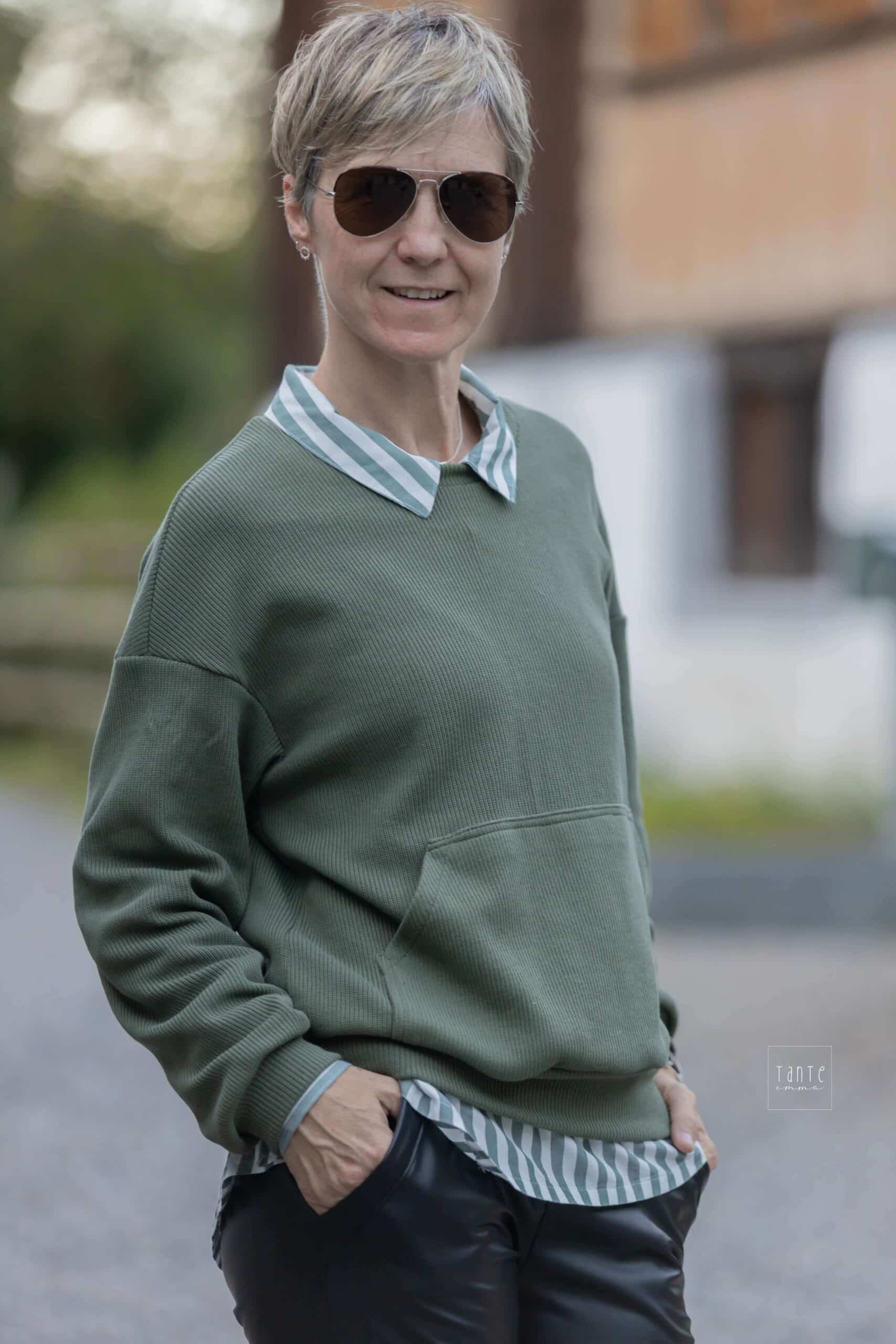 E050 Titelbild Outfit zum Nähen Kombi Schnittmuster Hose Jill Pullover Boston Bluse Cassis - Ledderleggings nähen - Meine Herzenswelt tanteemma 0780