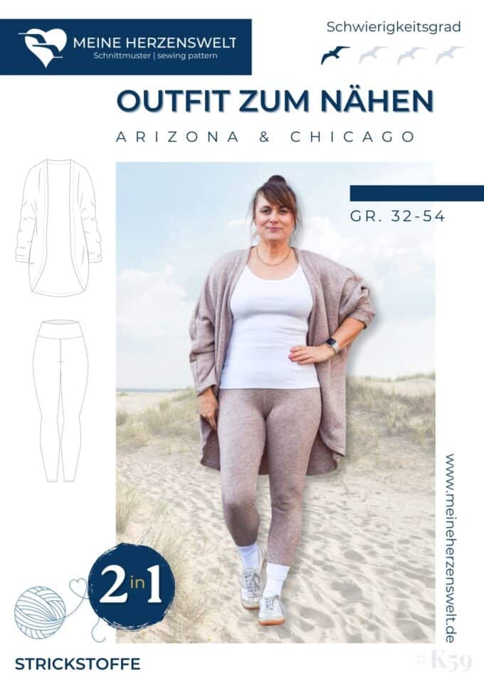 K059 - Titelbild Outfit zum Nähen - Strickoutfit nähen – Cardigan und Leggings als Schnittmuster für Damen – Loungewear - Homewear - Strickcardigan - Strickjacke - Meine Herzenswelt