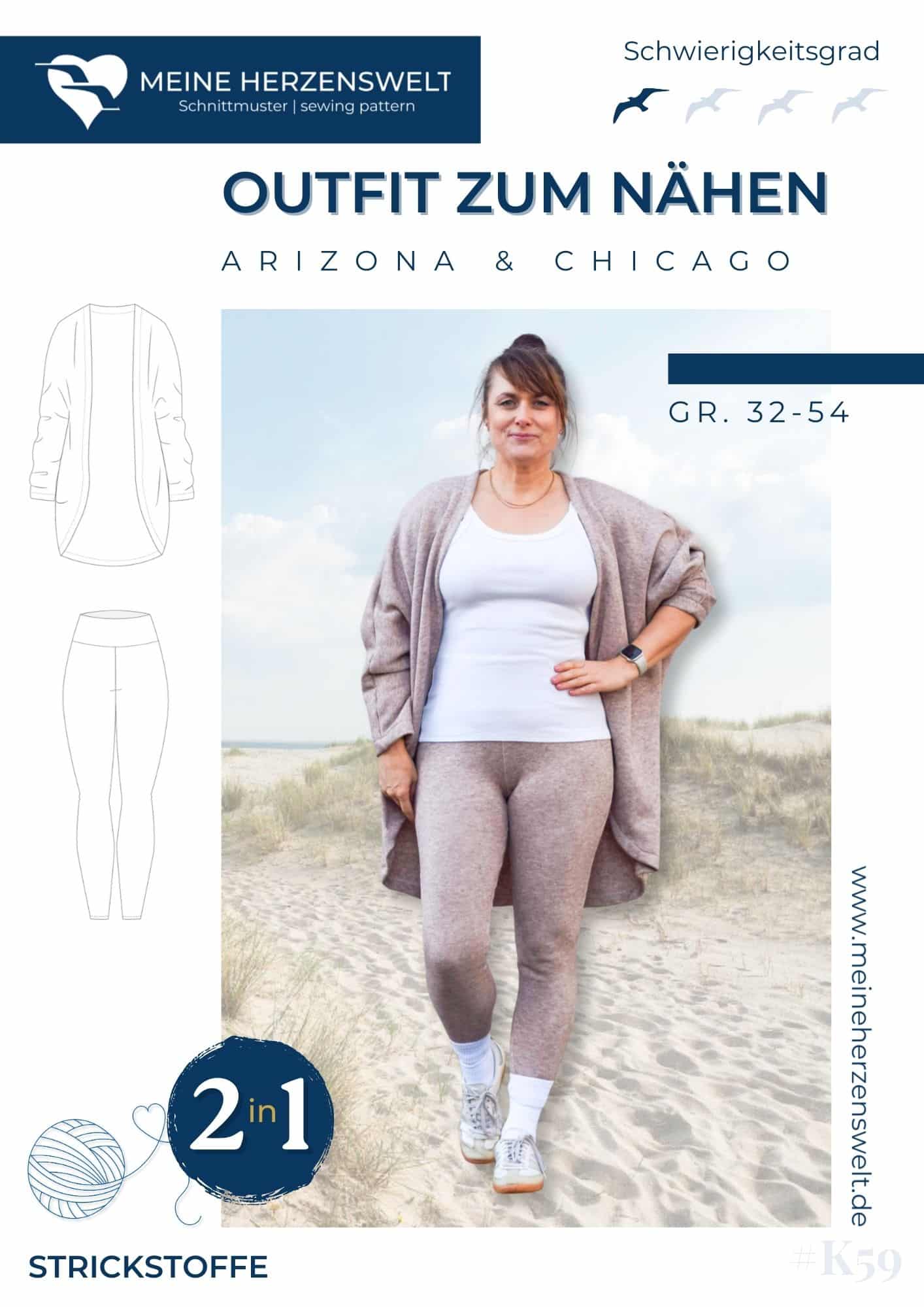 K059 - Titelbild Outfit zum Nähen - Strickoutfit nähen – Cardigan und Leggings als Schnittmuster für Damen – Loungewear - Homewear - Strickcardigan - Strickjacke - Meine Herzenswelt