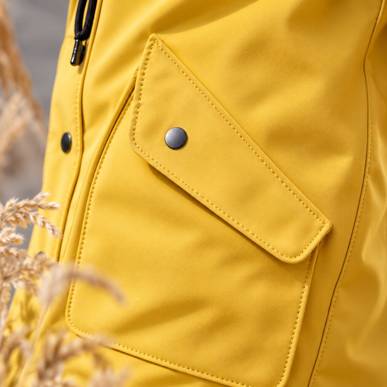 Detail einer gelben Softshelljacke: abgesteppte Taschenklappe mit Druckknopf